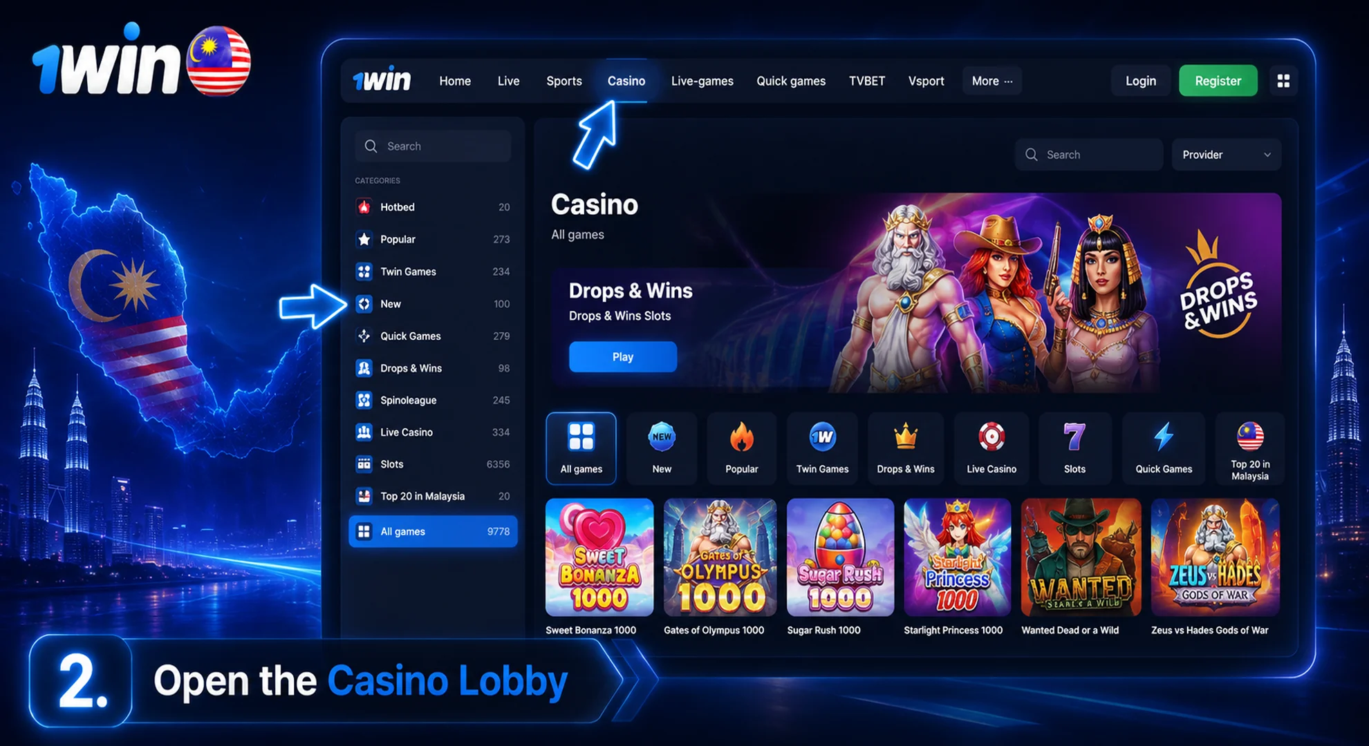open the 1win casino lobby