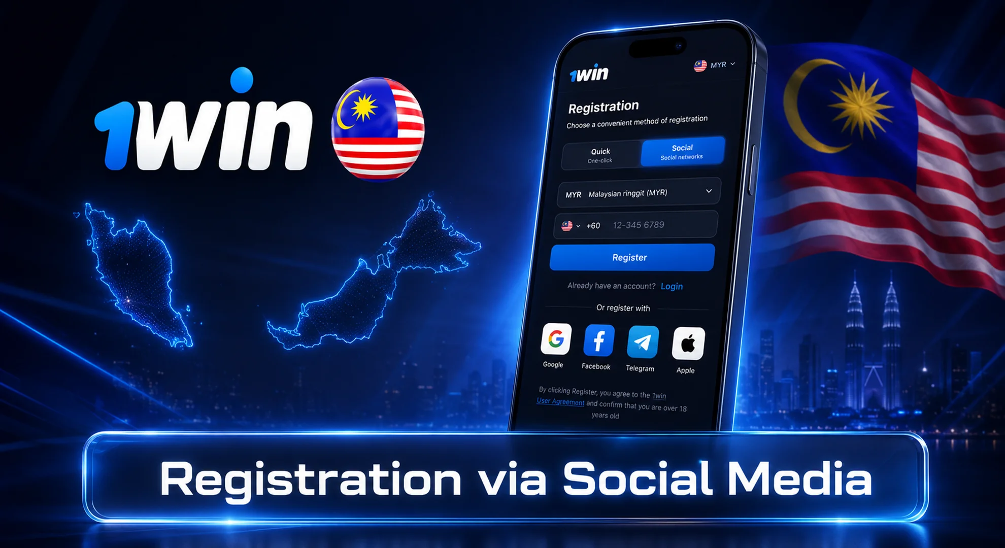 1win registration via social media