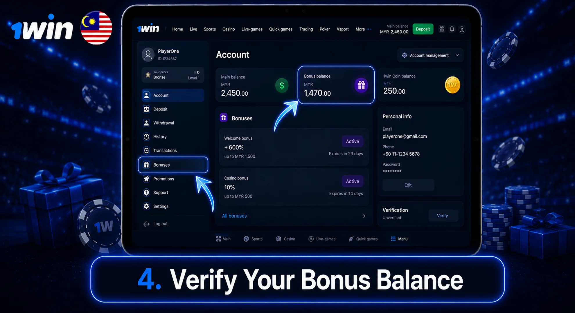verify your 1win bonus balance