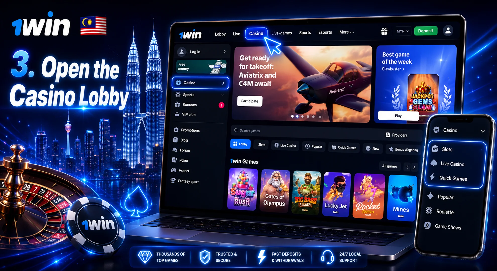 open 1win casino lobby